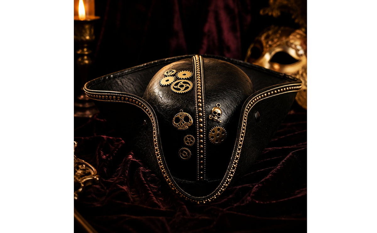 Steampunk Pirate Tricorn Hat with Skull Decorations Vintage Pirate Tricorn Hat Structured Costume Accessory Retro for Adults, Halloween, Cosplay