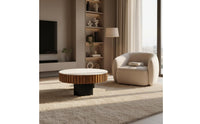 2 Pieces Light Luxury Design Wood and Stone Coffee Table Set Multi-Material Round Coffee Table Set for Lounge Area