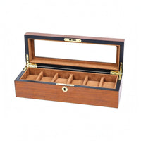 Padded Slots Wooden Watch Box Suede-Lined Glass Lid Watch Box Hinged Top Storage Front Lock