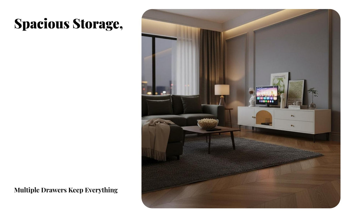 Modern Minimalist Design TV Cabinet and Coffee Table Set Creamy White Finish TV Stand and Coffee Table Set Floor-Standing Living Room Furniture Arched Door Feature for Apartment Dwellers, Homeowners, Young Adults, Lounge Area, Bedroom