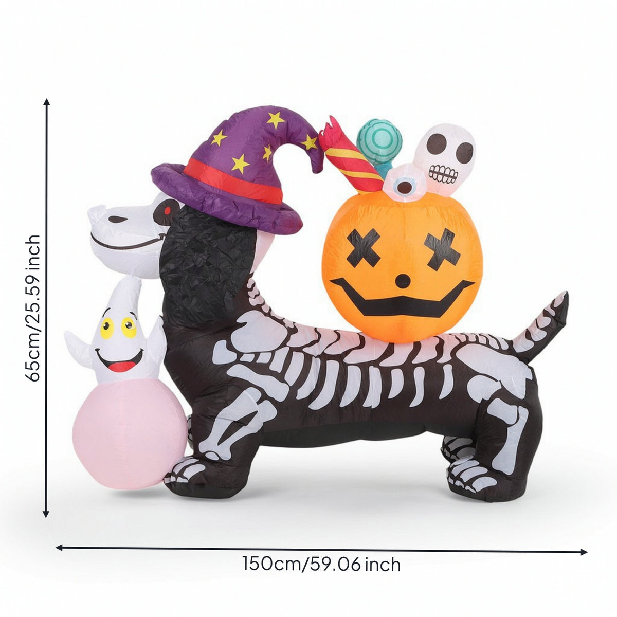 Skeleton Dog Inflatable Lovely Inflatable Dog with Witch Hat Weather-Resistant Yard Decoration for Lawn