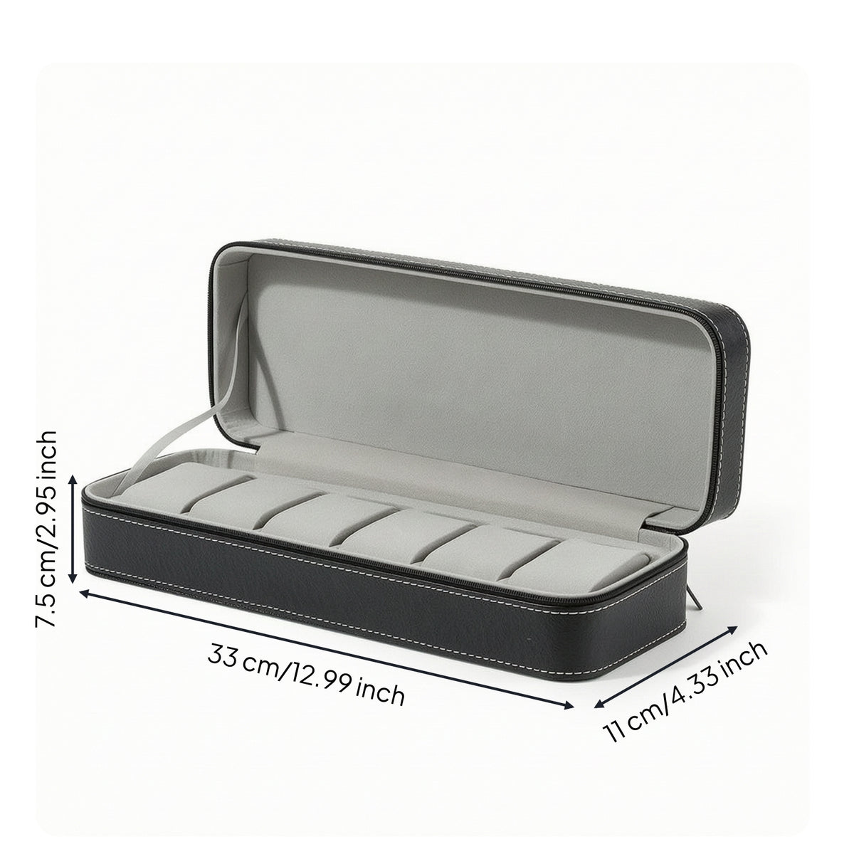 Watch Case with 6 Slots PU Leather Zippered Watch Organizer Lightweight for Journeyers