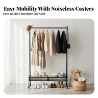 Space-Saving Design Rolling Clothing with Shelf Easy Assembly Wheeled Hanging with Bottom Shelf Multi-Functional Garment Rack Heavy Duty for Homeowners, Renters, Students, Bedroom, Dorm Room, Entryway, Balcony