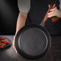 Frying Pan for Stir Fry and Searing Steak Pan, Heavy Duty Refined Iron with Hammered Texture, Induction Hob Compatible Wood Handle, 1 Pack