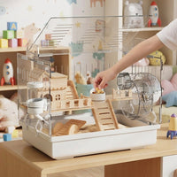 Large Hamster Cage with Wire Mesh Top, Luxury House Shape for Syrian and Dwarf Pets, Easy Spotless Transparent Acrylic Design with Deep Bedding Area