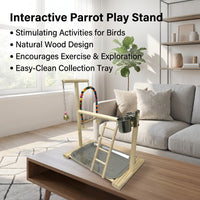 Parrot Playground with Bird Climbing Ladder and Bird Swing, Wooden Parrot Stand with Removable Tray, Multi-functional Cockatiel and Budgie Perch