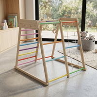 Wooden Climbing Frame with Cord Climbing Net Freestanding Wooden Climbing Arch Play Structure Wood Indoor Climbing Gym for Young Children, Kids