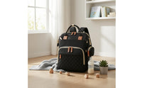 Faux Leather Trim Woven Diaper Backpack Quilted Panel Rectangular Diaper Backpack Top Carry Handle Carryall Multiple Compartments