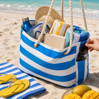Bohemian Striped Canvas Beach Bag Large Capacity Travel Tote Shopping Handbag