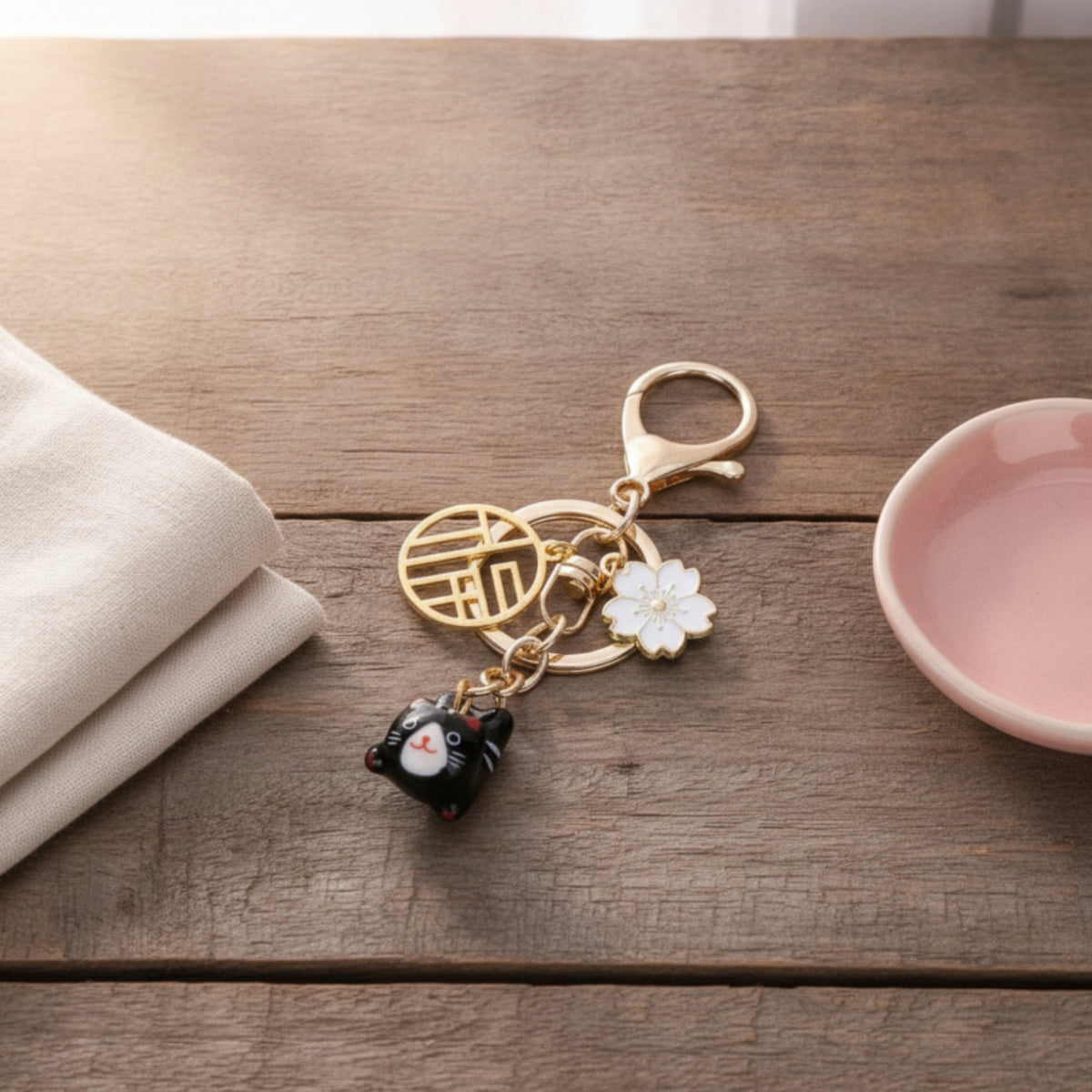 Ceramic Cat Bead with Braided Cord Cute Fortunate Cat Charm Glossy Waving Charm for Women, Teens, Handbags, Backpacks, Phones