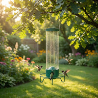 Bird Feeder House with Feed Silo, Hanging Bird Feeder Dispenser Made of Green Metal, for Garden & Balcony, Easy to Clean