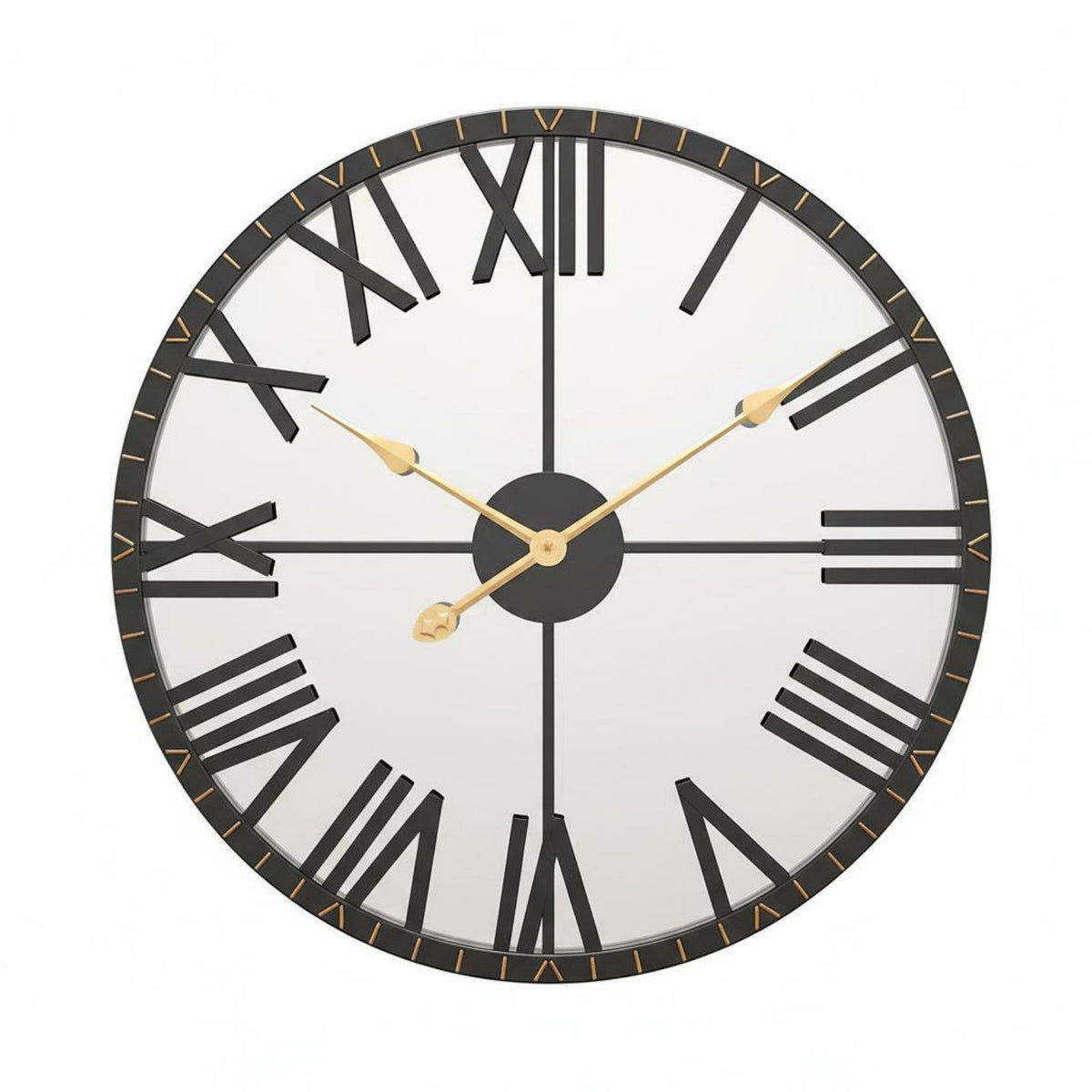 European Design Round Iron Wall Clock Non Ticking Large Mirrored Wall Clock Battery Operated for Homeowners, Decorators, Living Room
