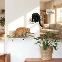 Cat Hammock and Shelf with Feeder, Wall-Mounted Wood Bed for Indoor Cats, Minimalist Style Single-Piece Climbing Sleeping Station