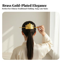 Chinese Design Hair Crown Wave and Mountain Design Ponytail Cuff with Stick Metal Hair Bun Holder Gold-Plated Metal Bun Holder