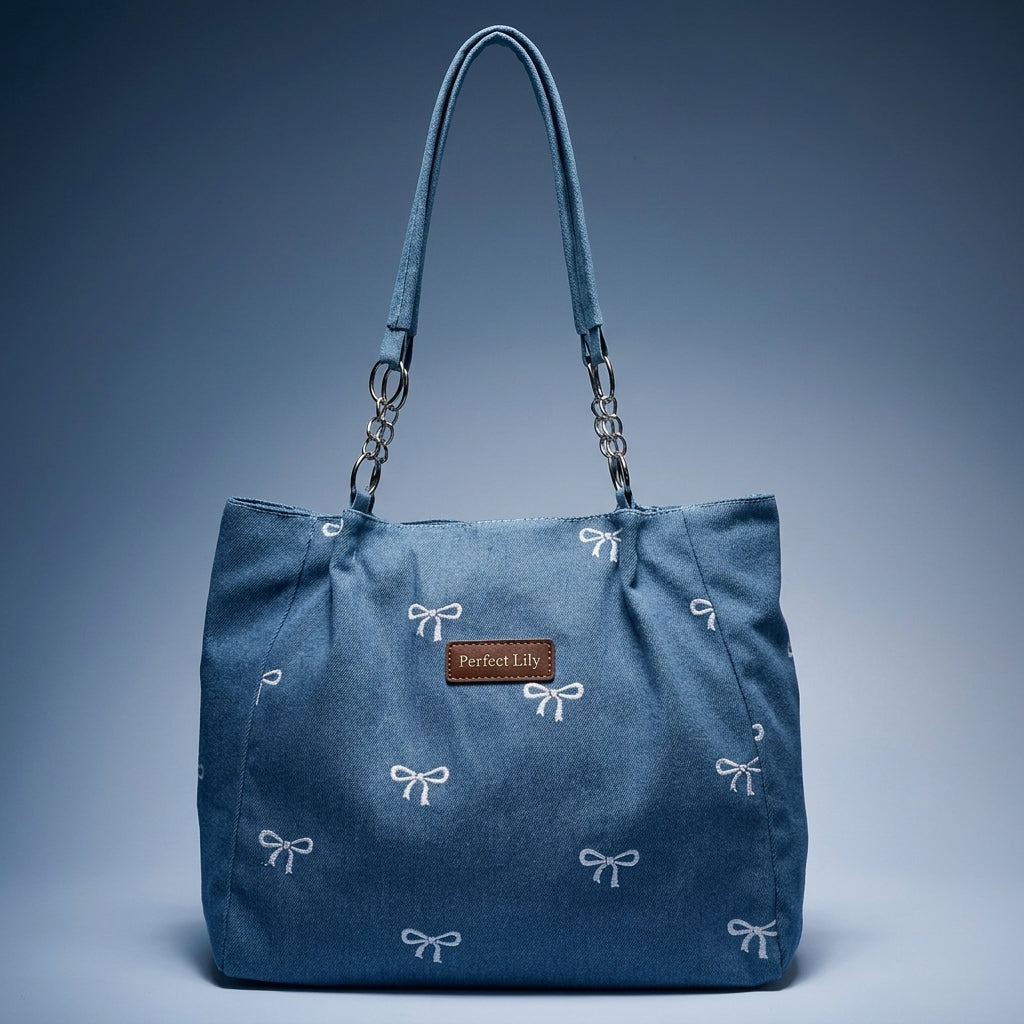 Tote Bag with Embroidered Bows for Daily Use, Large Capacity Denim Tote Bag with Double Straps, Soft Travel Tote Shopping Bag, Bag Women Use