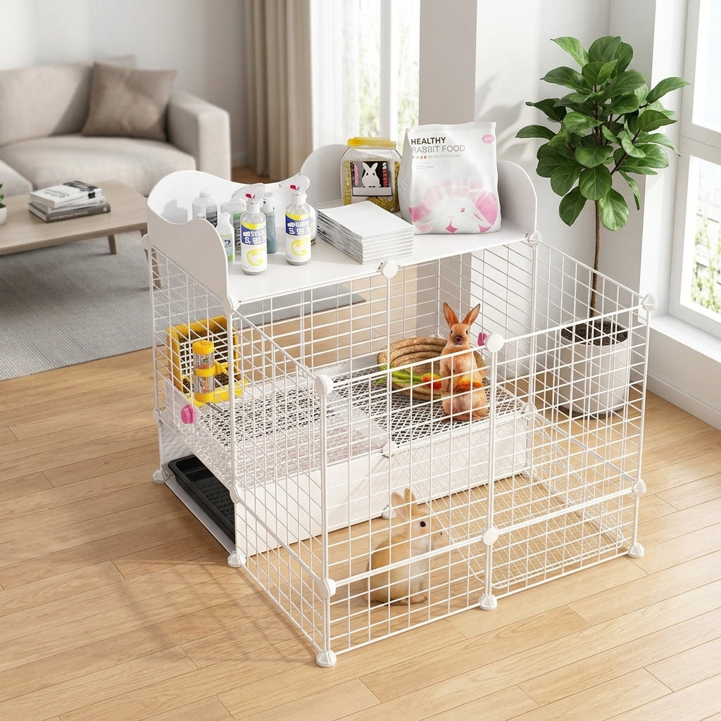 Lagomorph Cage and Lagomorph Pen with Automatic Cleaning, Bunny Cage with Removable Tray, Pet Playpen with Shelter Hideout for Indoor Use, White
