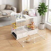 Lagomorph Cage and Lagomorph Pen with Automatic Cleaning, Bunny Cage with Removable Tray, Pet Playpen with Shelter Hideout for Indoor Use, White