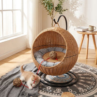 Hanging Cat Bed with Rocking Stand, Imitation Rattan Basket Hammock, Modern Indoor Washable Cat Bed with Removable Cushion for Small Pets