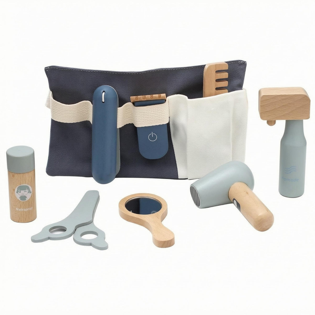 Textile Waist Bag Wooden Hairdressing Kit Adjustable Strap Wooden Hairdressing Playset Accessible Storage Pretend Barber Set Painted Finish