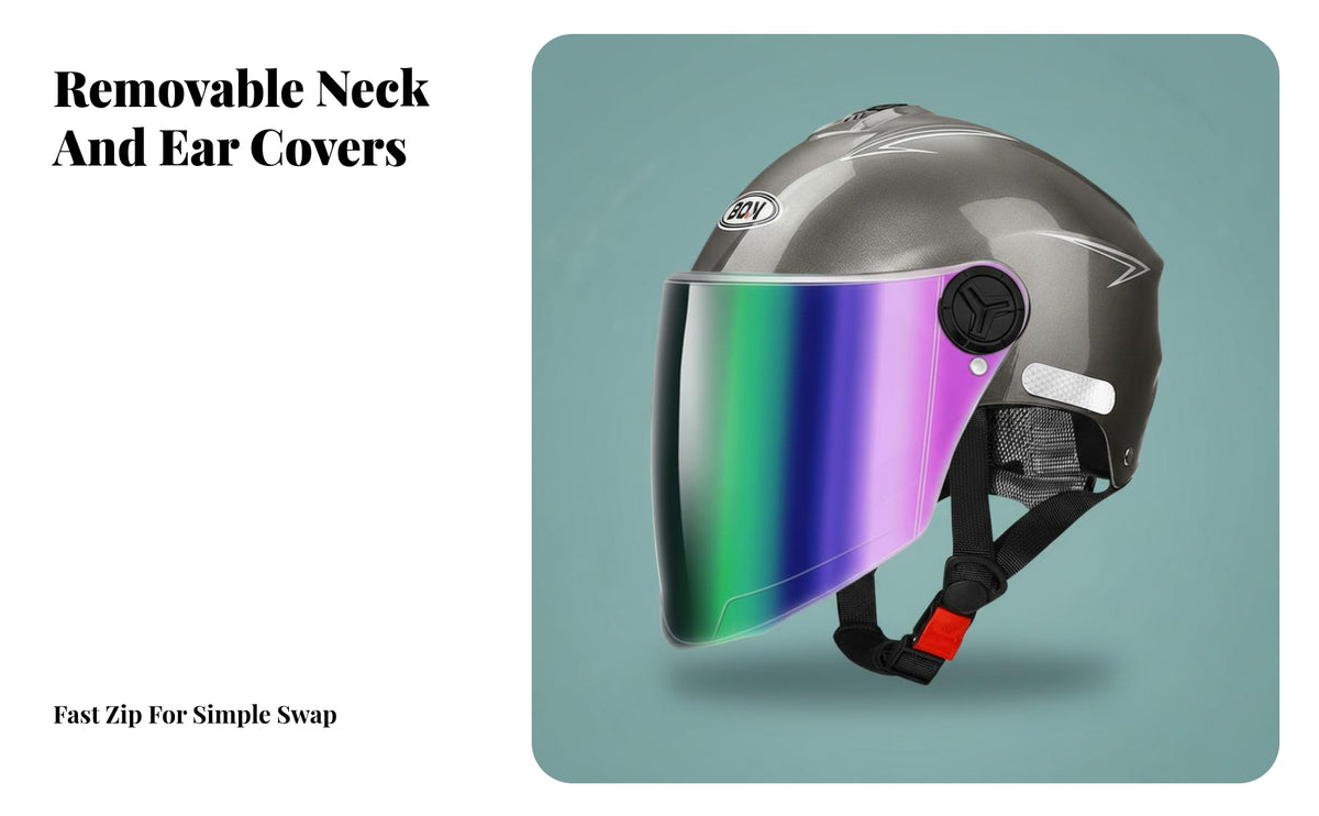 All Season Motorcycle Half Helmet Detachable Neck Scarf Open Face Lightweight Guarding Headwear for Women, Winter, Daily Commuting
