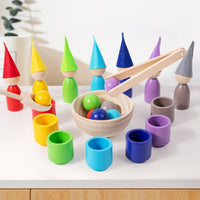 Hand-Eye Coordination Ball and Cup Game Fine Movement Skill Development Color Sorting Toy Natural Wood for Preschoolers, Toddlers