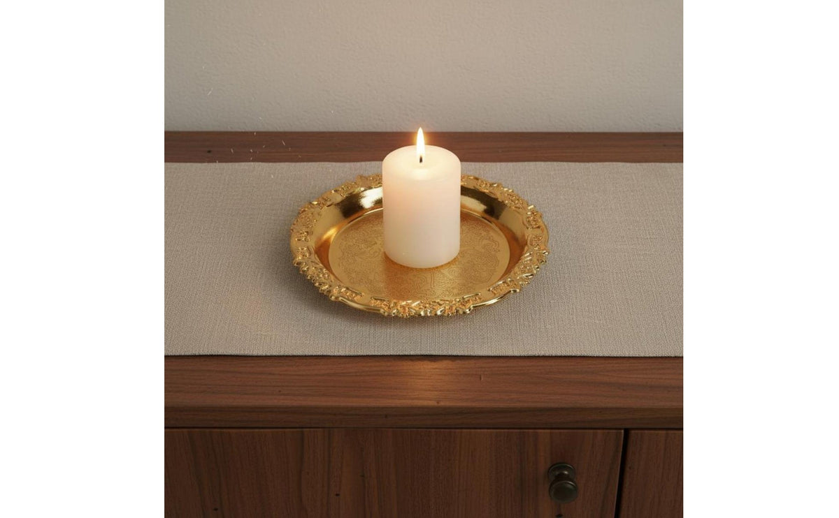 Vintage Gold Candle Tray Ornate Candle Base Baroque Design Metal Plate for Wedding, Party