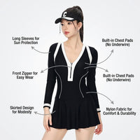 Swimsuit for Girls and Women with Long Sleeves for Sun Protection, Ribbed One Piece with Padded Chest for Comfort
