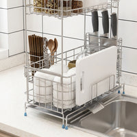 Double Layer Dish Rack with Knife Block, Extendable Stainless Steel Dish Rack in 304 Metal, Light Luxury Style Over the Sink or Countertop Use