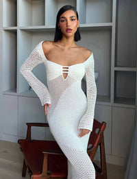 2024 White Crochet Backless Dress Hollow Out Bodycon Slit Ma
