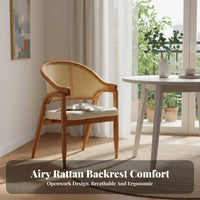Retro Design Woven Back Armchair Handmade Weaving Cane Back Armchair Upholstered Cushion Dining Seat Breathable Backrest for Interior Designers, Homeowners, Business Owners, Restaurant, Living Room, Kitchen, Bedroom
