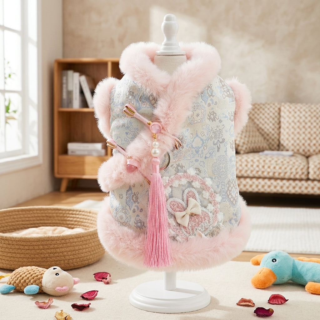 Pet Princess Dress with Hood, Ruffled Layered Small Dog Skirt, Warm Thick Pet Clothing and Cat Dress with Tassel Bow Autumn Dog Clothes