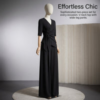 Women's Summer Travel Outfit and Airport Set, Plus Size Two-Piece with Long Pants, Slimming Shirt and with Waist Tie, Polyester Regular Sleeve Design