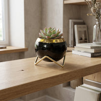 Plant Pots with Metal Stand for Indoor Plants in a Gift Box, Engraved Ceramic Planter Flower Pots for Home Office, Small Gardening Gift for Her