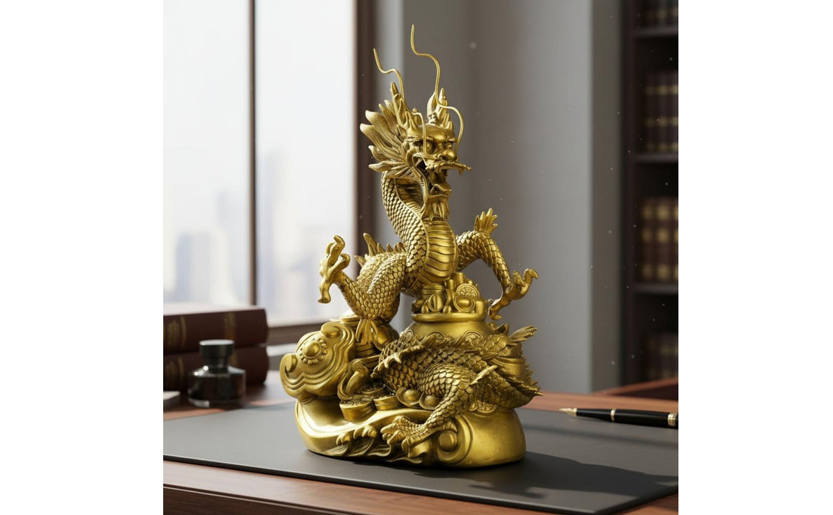 Auspicious Symbol Golden Dragon Statue Great Gift Chinese Dragon Sculpture Intricate Details Handmade for Art Collectors, Business Owners, Office, Desktop, Shop Opening, Housewarming