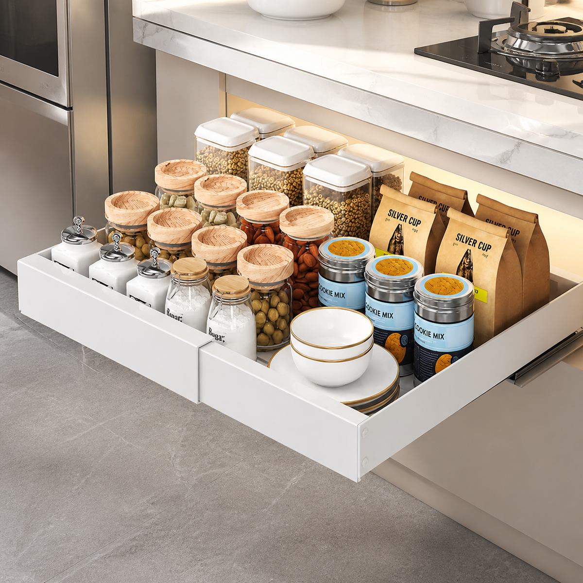 Under Sink Storage Drawer Slide Rack, Extendable 32-52cm, Metal Kitchen Cabinet Organizer