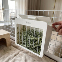 Hanging Hay Feeder and Bunny Hay Feeder with Low Waste Side Slots, White Hay Rack for Guinea Pigs and Chinchillas