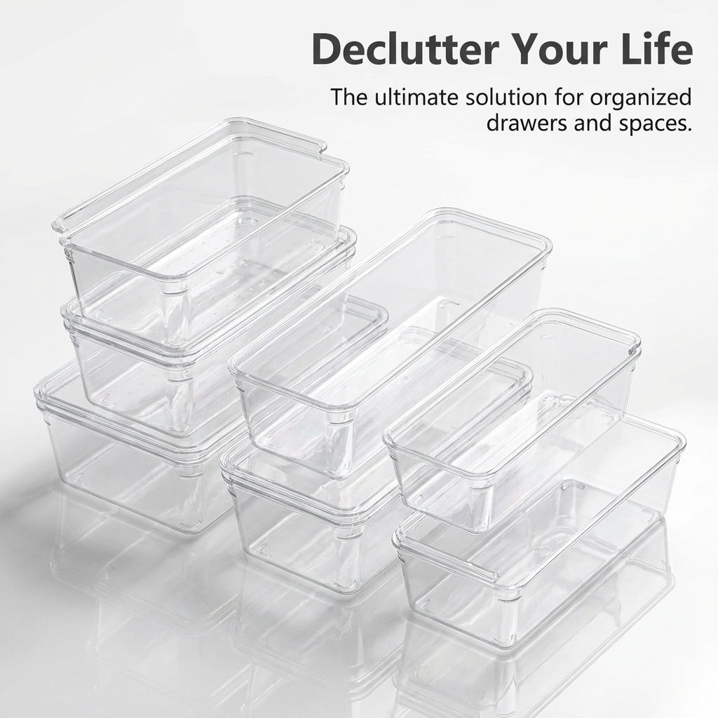 7 Pack Clear Drawer Organizer Trays for Makeup Desk, Bathroom Vanity Storage Bins, Kitchen Utensils, Wardrobe Boxes