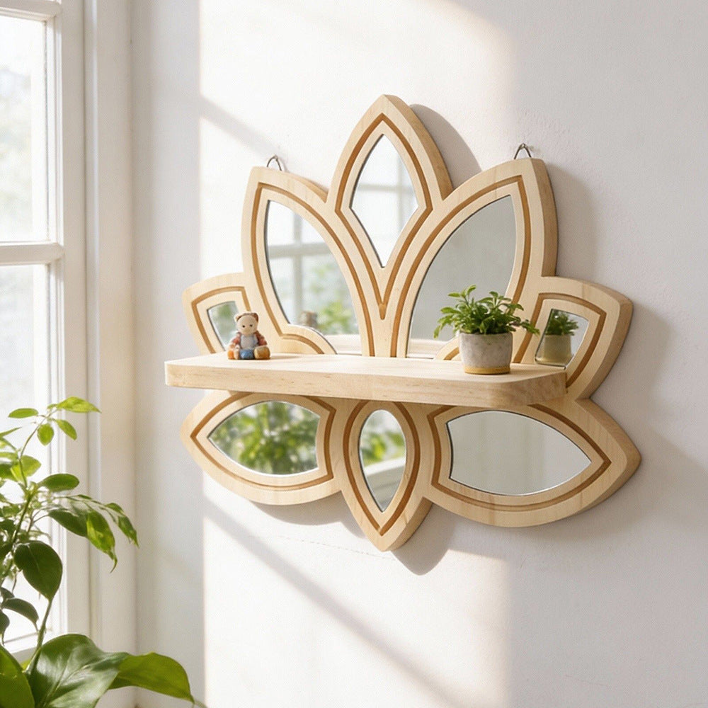 Bohemian Lotus-Shaped Solid Wood Wall Planter Shelf - Handcrafted Wooden Decor