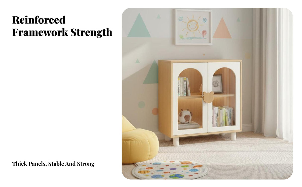 Stable and Sturdy children's Cupboard with Arched Doors Modular Design Bookshelf Detachable Legs Storage Furniture Bear-Shaped Handles for Families, Parents, Living Room, Bedroom, Playroom