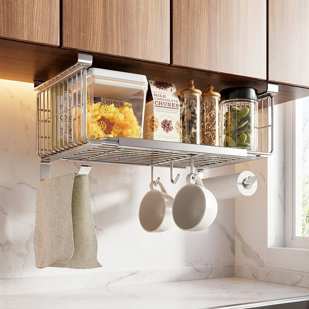 Under-shelf Wire Basket, Extendable, Stainless Steel, Kitchen Storage, Hanging, 21cm×35-59cm×13cm