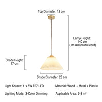 Ceiling Light Shade with Pleated Textile Design for Bedroom and Dining Room, Pendant Fitting with Adjustable 1m Height, Vintage Nordic Style