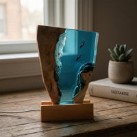 Ocean-Inspired Epoxy Night Light with Wood Base Aquatic Epoxy Resin Night Light Faceted Resin Wood Lamp Irregular for Shelf