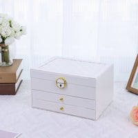 PU Leather Three-Layer Jewelry Box Geometric-patternedQuilted Hard-Shell Jewelry Case Pull-out Drawers Gold-Tone