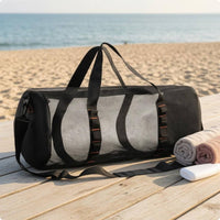 Zippered Mesh Duffel Bag Adjustable Shoulder Strap Cylindrical Travel Bag Carry Handles Strapping Loops