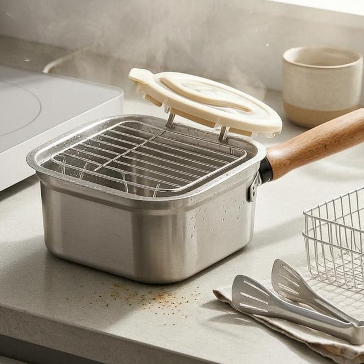 Removable Fryer Basket Multifunction Cooking Pot Transparent Lid Square Cooking Pot Steaming Rack Kitchen Cookware Locking Clips