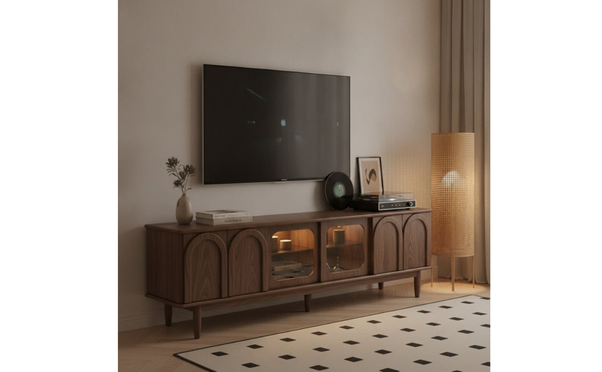 Solid Wood TV Cabinet with Glass Doors Black Walnut TV Stand with LED Light Lighted Media Console Mid-Century for Living Room