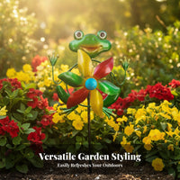 Frog Metal Rotator Flower-Shaped Blade Metal Frog Rotator Animal Kinetic Rotator Round Eyes Outdoor Decor Pointed Base