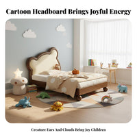 Cartoon design Upholstered Single Bed with Crown Headboard Modern Minimalist Look Princess Crown Bed Soft Padded Frame children's Furniture Anti-Collision Design for Toddlers, Parents, Bedroom, Nursery, Playroom, Guest Room