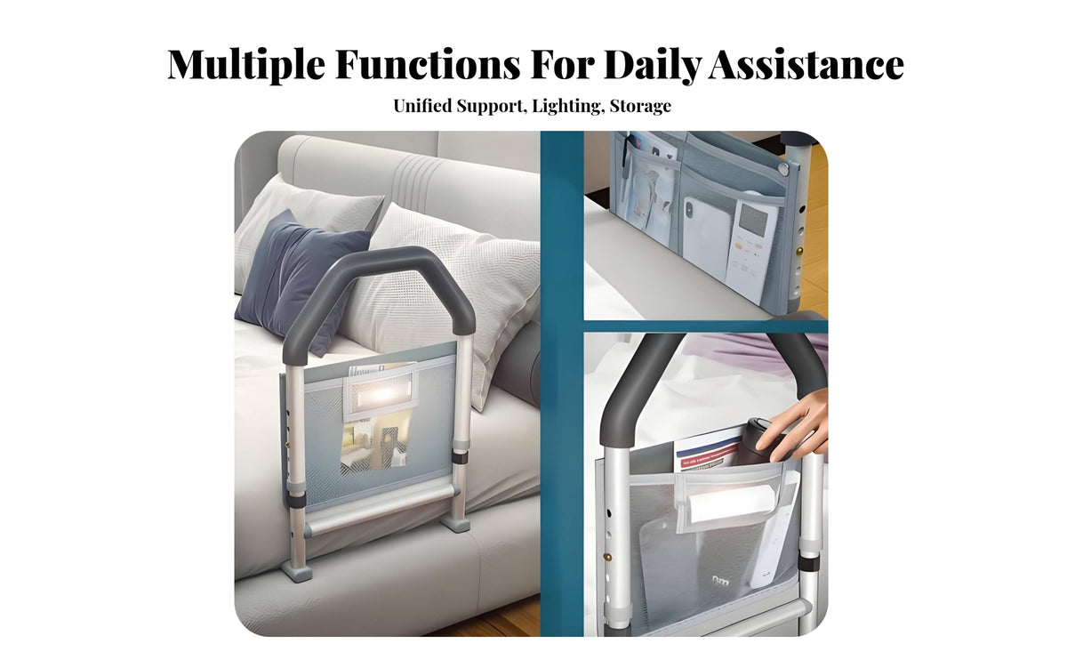No-Drill Adjustable Bed Assist Non-Slip Handle Bed with Storage Pocket Tooltool-Less Assembly Mobility Aid Portable Design for Seniors, Bedside, Bedroom