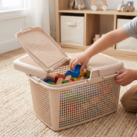 Portable Plastic Shopping Basket with Lid - Thickened Multi-purpose Storage Tote for Groceries, Laundry, or Pet Transport